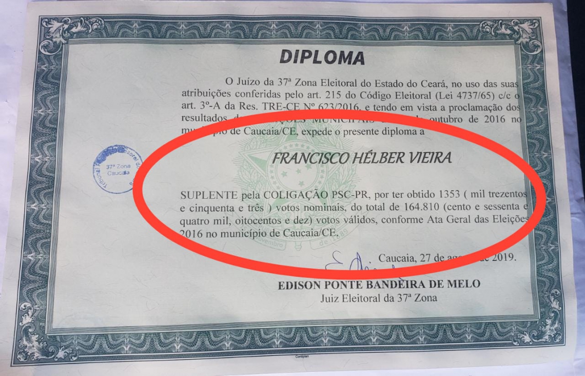 Cópia enviada por Helber Vieira de sua diplomação como vereador emitido pela Justiça Eleitoral
