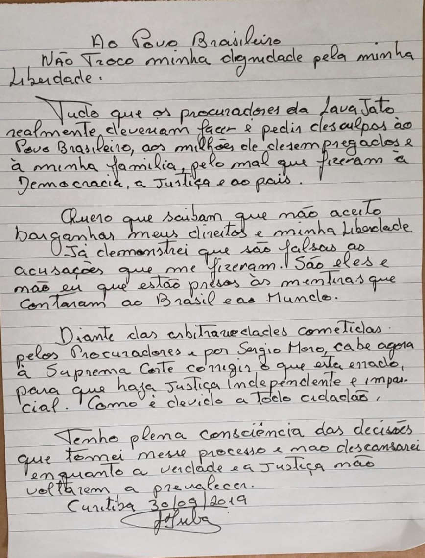 Carta do ex-presidente Lula (Foto: Reprodução do Twitter )