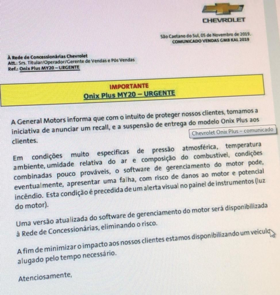 Comunicado da GM sobre o problema na Ônix
