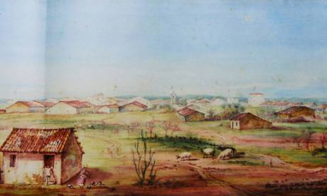 Icó em pintura de José dos Reis Carvalho, artista que acompanhou a Comissão das Borboletas(Foto: José dos Reis Carvalho/Coleção Museu Dom João VI/Reprodução livro Aquarelas e Desenhos do Ceará Oitocentista/Iphan/2016)