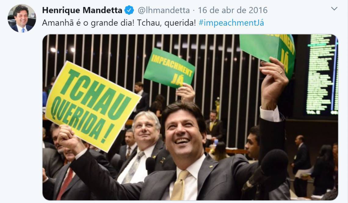 Mandetta, quando deputado, festejou impeachment de Dilma (Foto: Reprodução/Twitter)