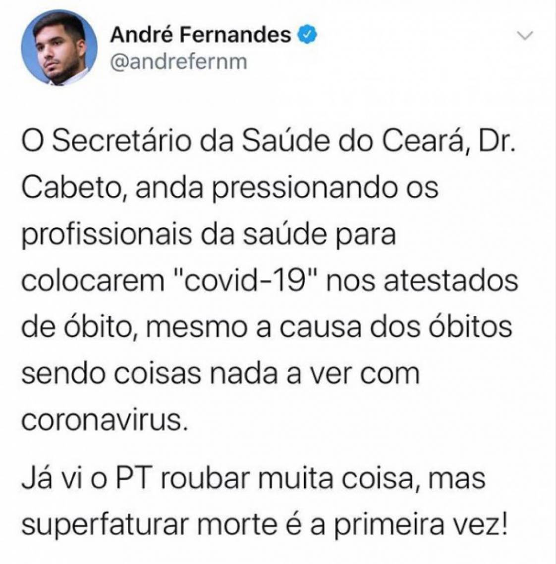 Post de André Fernandes com acusação contra Cabeto, em 8 de maio
