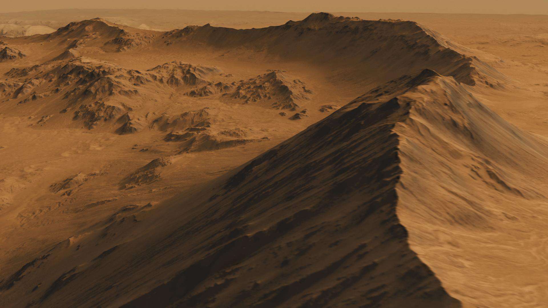 Captura de tela de um filme simulado em alta definição da Mojave Crater em Marte, com base em imagens tiradas pela câmera High Resolution Imaging Science Experiment (HiRISE) na Mars Reconnaissance Orbiter da NASA.(Foto: NASA/JPL-Caltech/Univ. do Arizona)