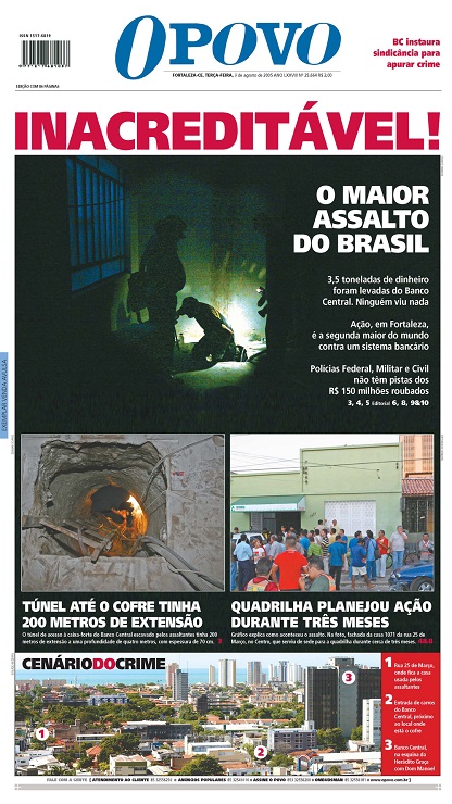 Capa da edição do jornal O POVO sobre o furto ao Banco Central em Fortaleza, em 5 de agosto de 2005(Foto: Reprodução)