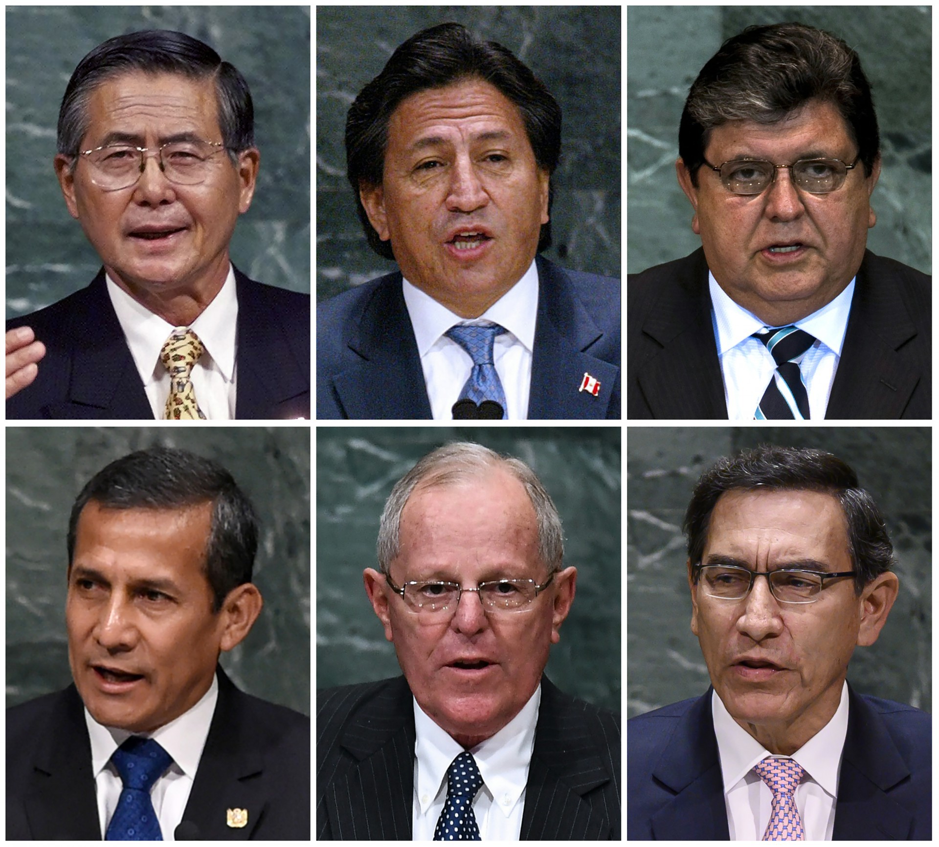 Mosaico de fotos mostra o ex-presidentes peruanos (em cima) Alberto Fujimori (1990-2000); Alejandro Toledo (2001-2006); Alan Garcia (1985-1990 e 2006-2011); (embaixo) Ollanta Humala (2011-2016); Pedro Pablo Kuczynski (2016-2018); Martin Vizcarra (2018-). Duas décadas de conflito político marcam a história recente do Peru (Foto por STF / AFP)