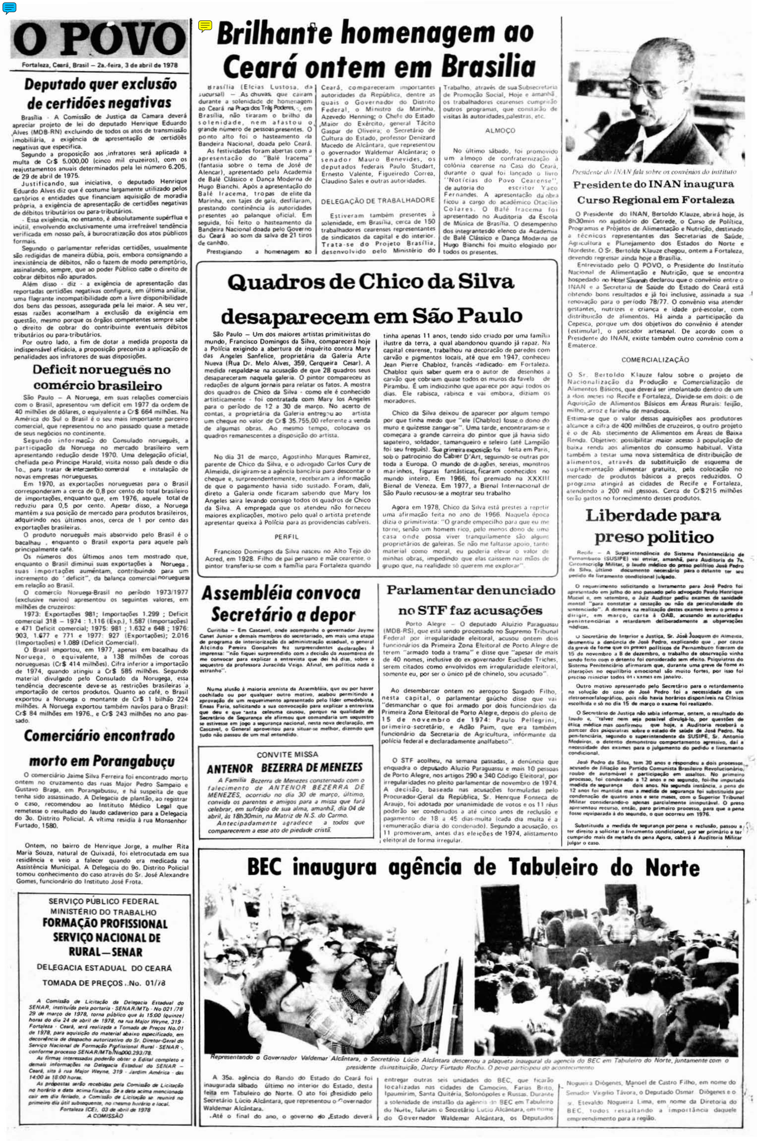 (Foto: O POVO.Doc)Registro do O POVO sobre desaparecimento dos quadros de Chico da Silva em São Paulo, em 1978