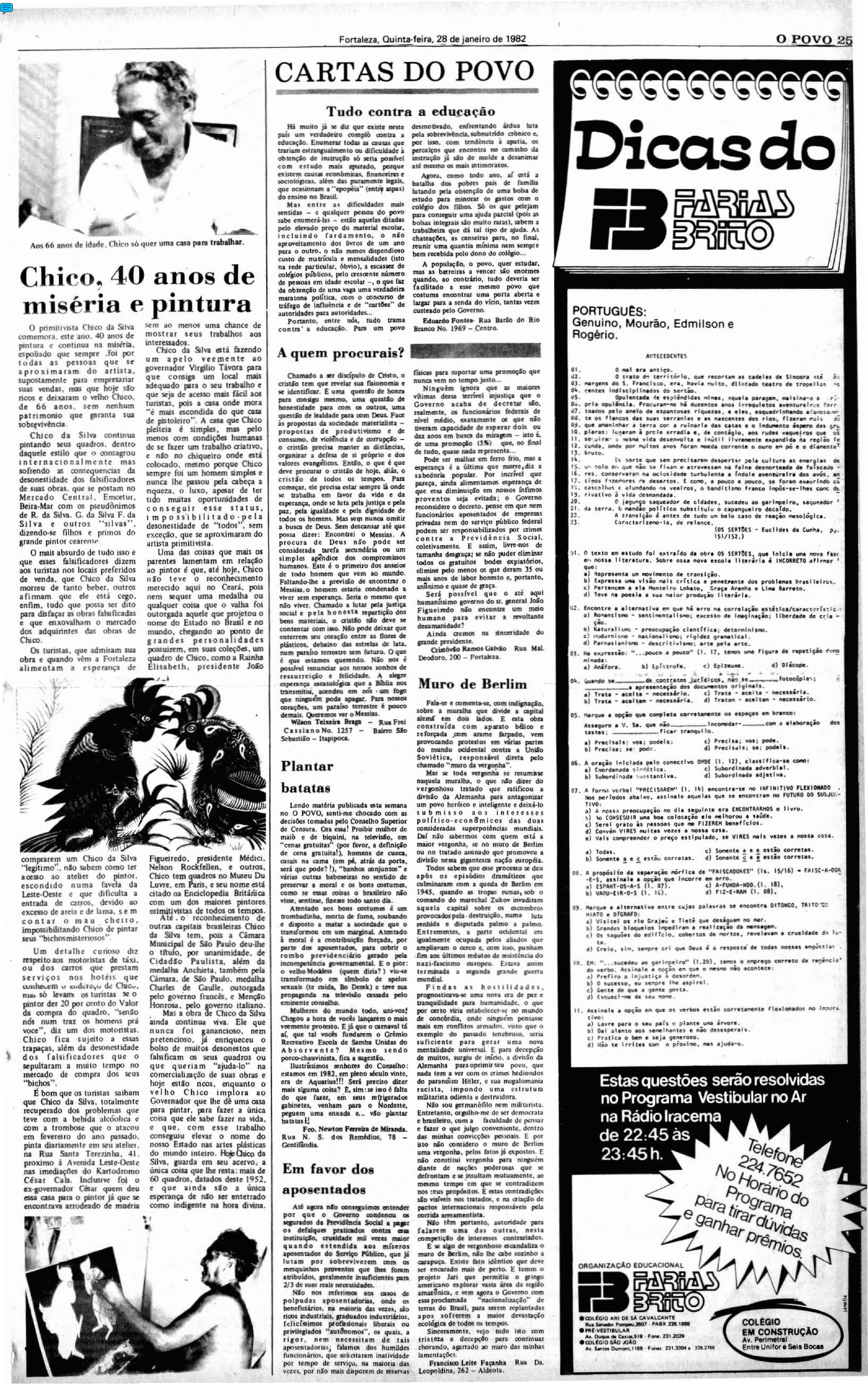 (Foto: O POVO.Doc)Matéria do O POVO sobre os 40 anos de carreira de Chico da SIlva, em 1982