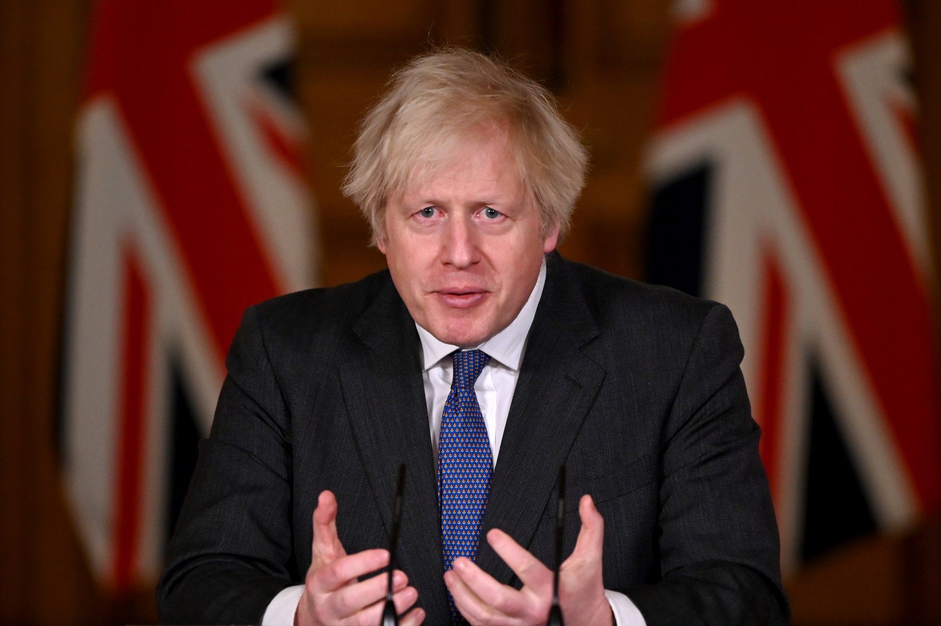 O primeiro-ministro da Grã-Bretanha, Boris Johnson, participa de uma conferência de imprensa virtual sobre a nova pandemia de coronavírus COVID-19, em 10 Downing Street, no centro de Londres, em 22 de janeiro de 2021. - Há 