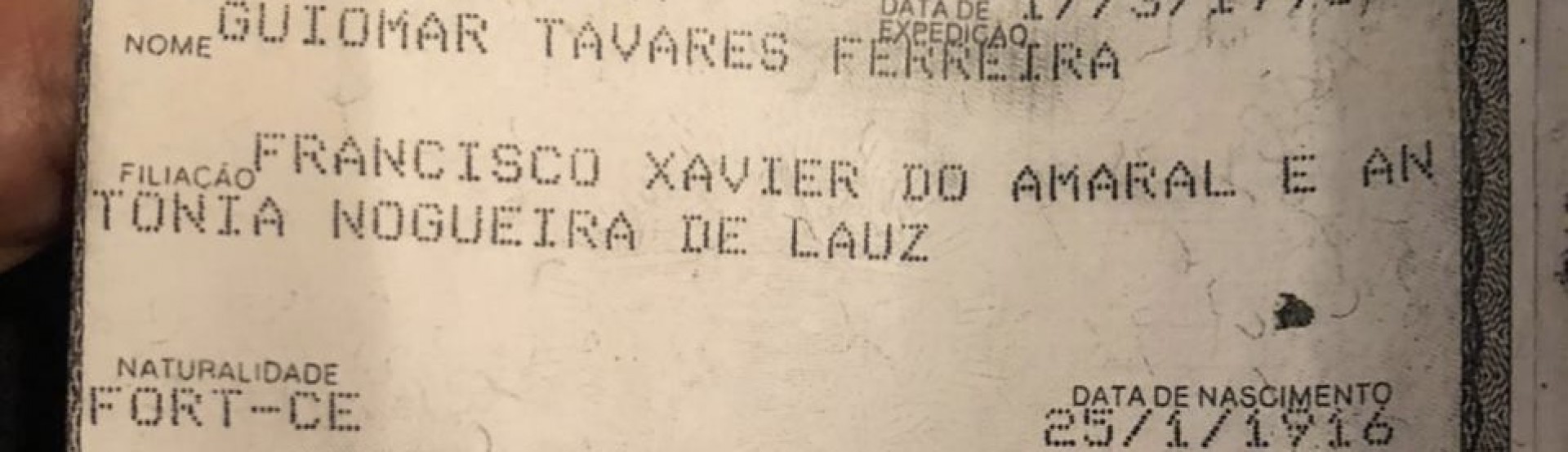 O RG de Guiomar: data de nascimento em 25 de janeiro de 1916