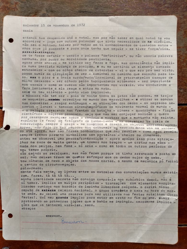 Carta "Palavreado", de Emerson Monteiro, escrita em 15/11/1972. A missiva está no livro "Cartas da Juventude", organizado por Assis Lima(Foto: Acervo Pessoal)
