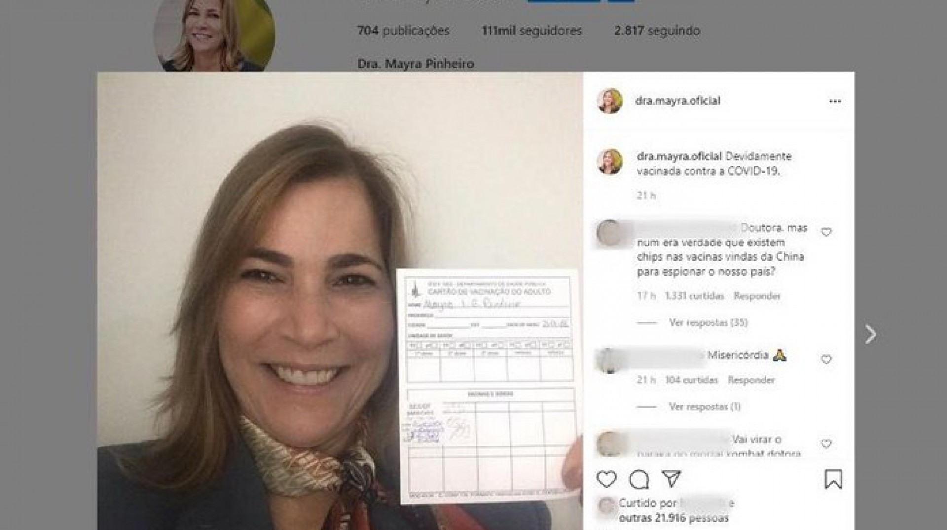 Médica Mayra Pinheiro, defensora da cloroquina, é questionada em suas redes sociais por vacinação, já que ser trabalho no Minsitério foi pautado na disseminação e incentivo ao tratamento precoce contra a covid-19 (Foto: reprodução instagram)