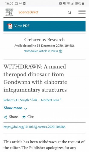 1 - O estudo que descreve o Ubirajara foi retirado oficialmente do ar pela revista científica Cretaceous Research.