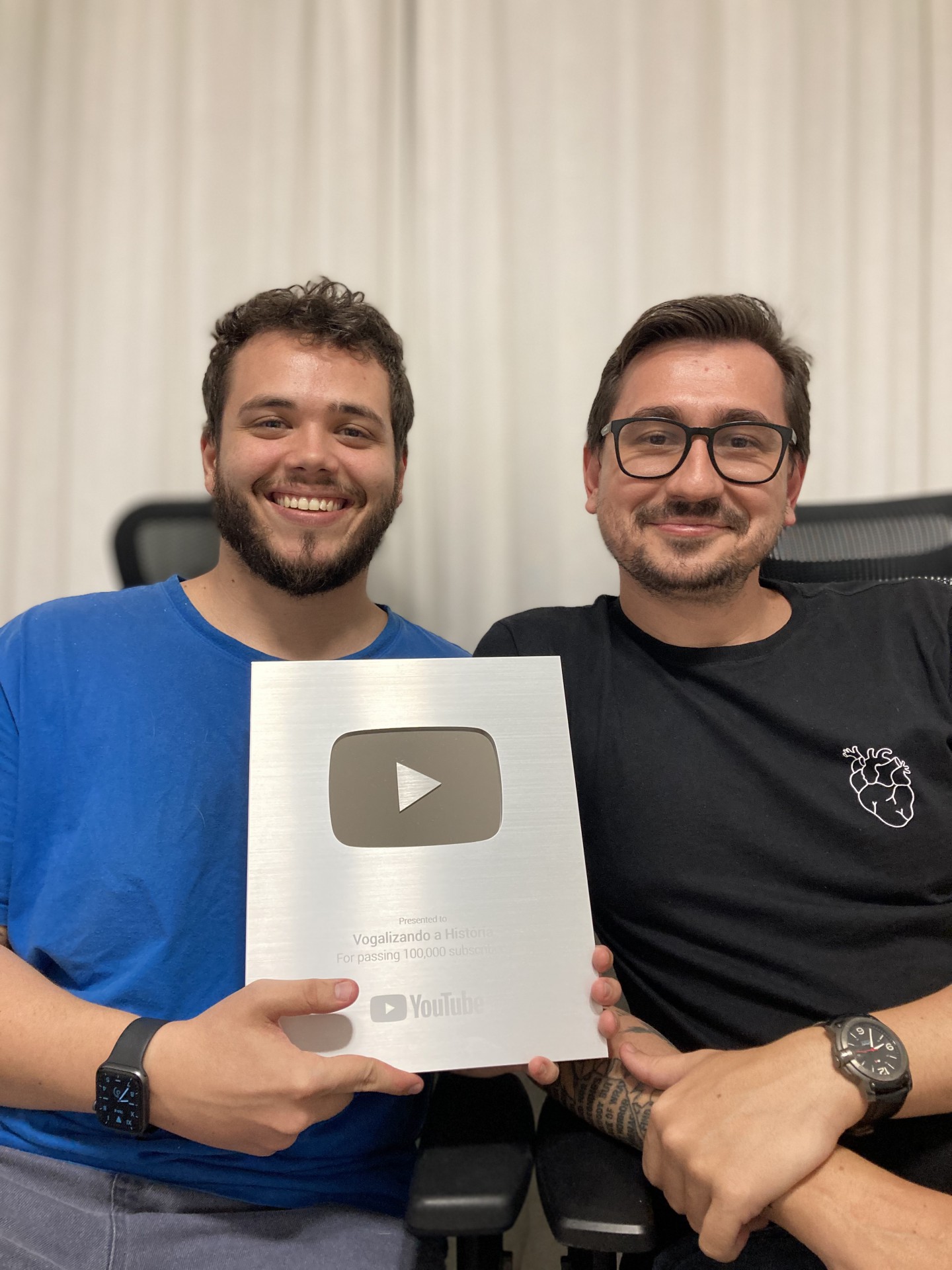 Marco Viricimo e Vitor Vogel exibem placa especial após alcançarem a marca de 100 mil inscritos no YouTube no canal Vogalizando a História(Foto: Divulgação)