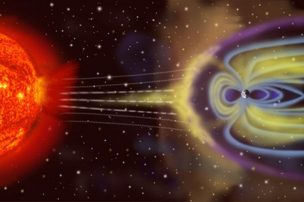 A ilustração mostra como as rajadas de vento solar atingem a magnetosfera terrestre.(Foto: Reprodução Nasa)