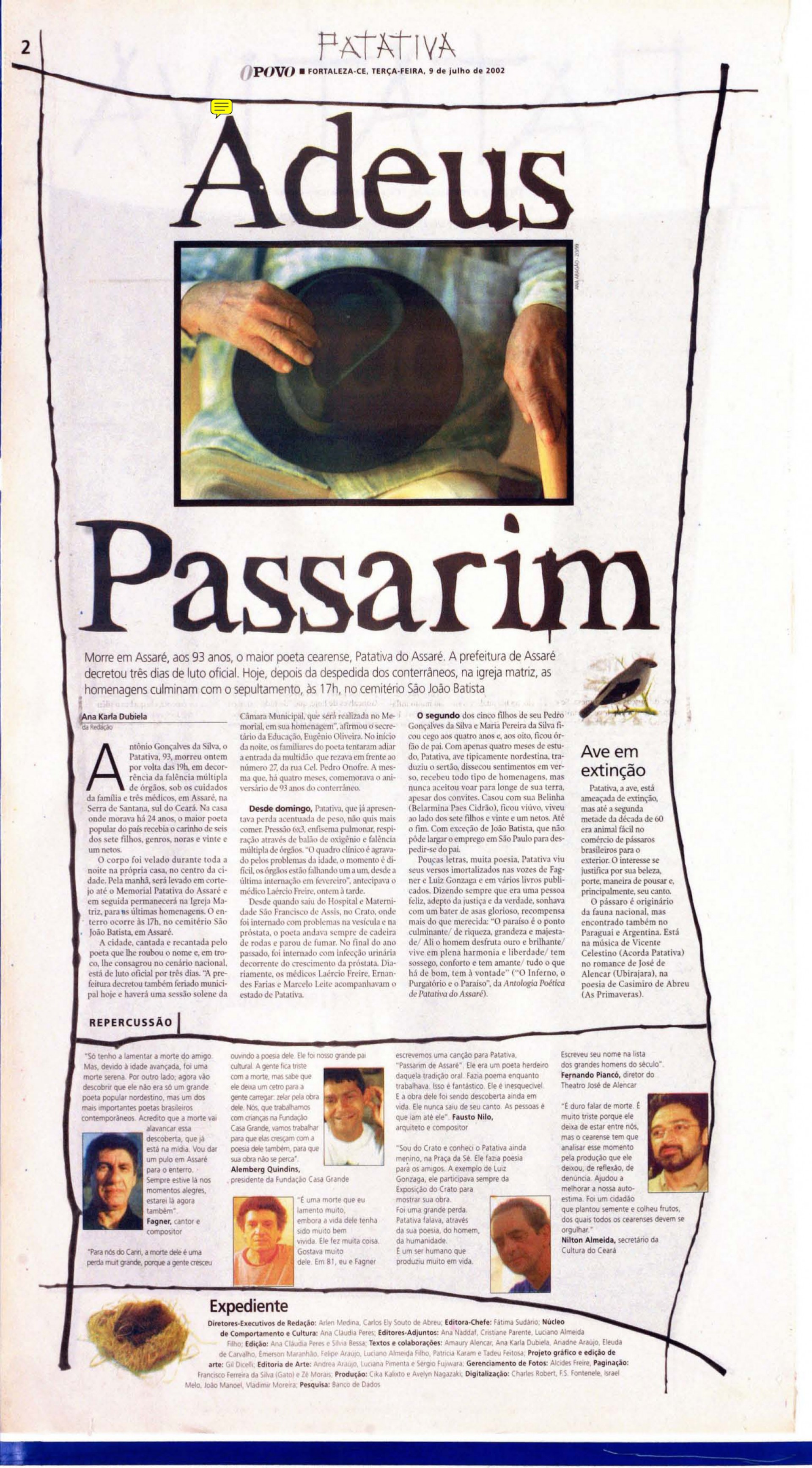 (Foto: O POVO.doc)Poeta Patativa do Assaré faleceu em 8 de julho de 2002, aos 93 anos