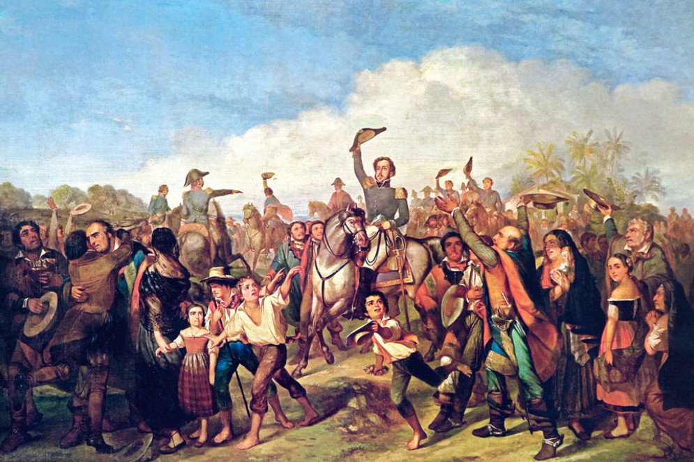 Príncipe Pedro rodeado por uma multidão em São Paulo depois de dar a notícia da independência do Brasil, em 7 de setembro de 1822. (Foto: François-René Moreaux - Revista de História da Biblioteca Nacional nº 24 / nº 48)
