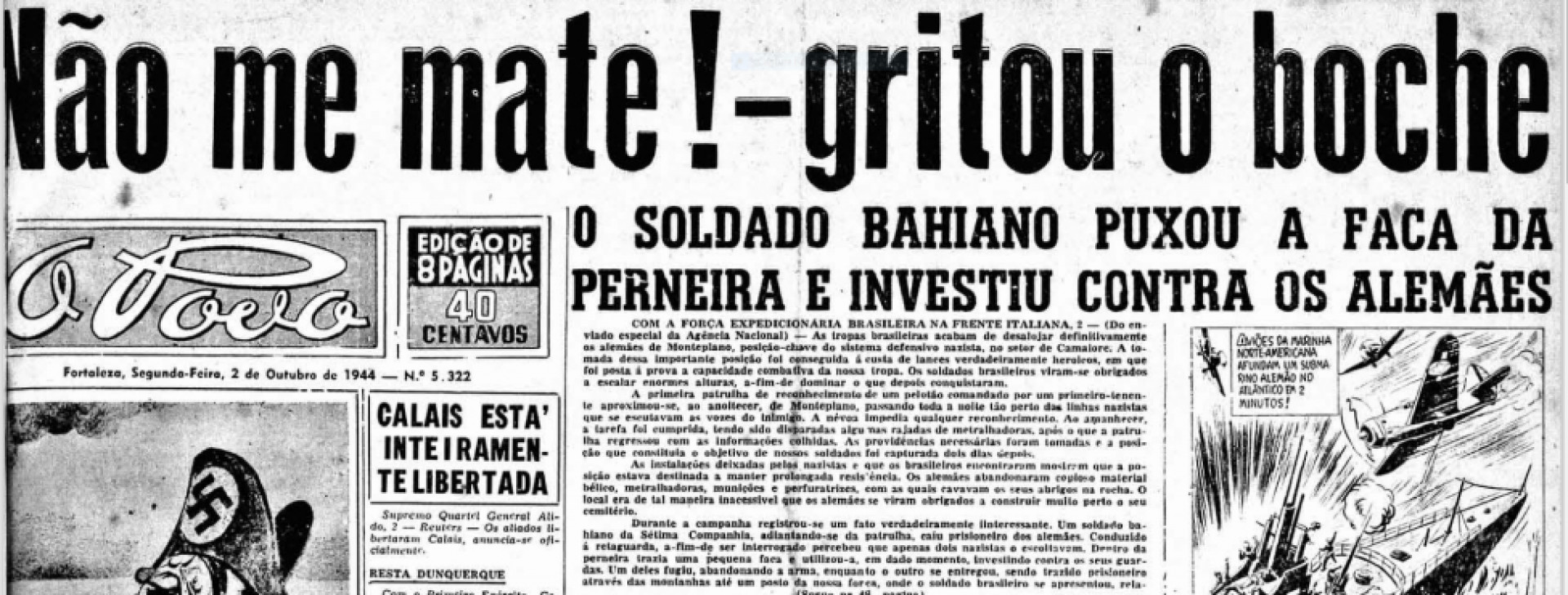 Recorte da edição de 20 de setembro de 1944 do O POVO. Na manchete, lê-se: O general Clark exalta as tropas brasileiras