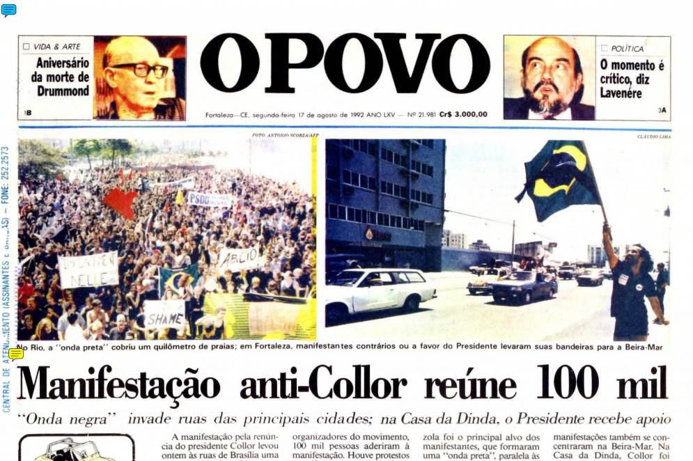 Fac-símile O POVO de 17 de agosto de 1992(Foto: Arquivo Datadoc_O POVO)