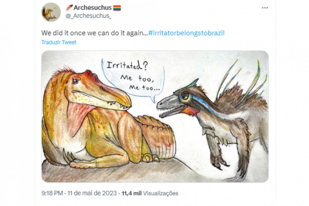 Ilustração publicada no twitter Archesuchus mostra uma conversa entre o Irritator challengeri e o Ubirajara jubatus. Irritado? Eu também, eu também, diz o Ubirajara(Foto: Reprodução/Twitter Archesuchus)