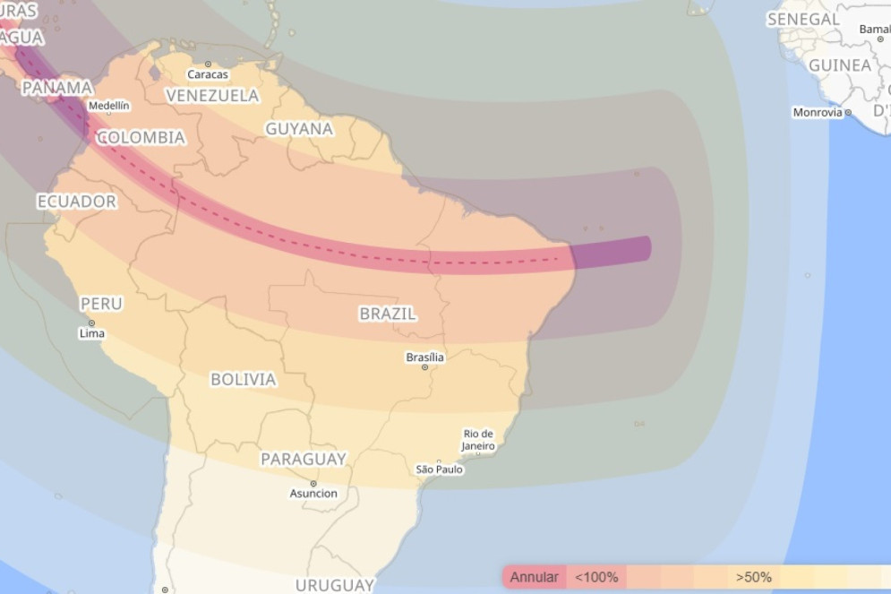 Mapa da faixa de anularidade do eclipse de 14 de outubro de 2023. Municípios localizados na faixa em vermelho verão o fenômeno por completo.(Foto: Print do mapa disponibilizado pelo site Time and Date)