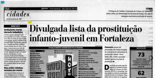 Matéria de 18 de fevereiro de 1997 traz lista de estabelecimentos e agenciadores denunciados por exploração sexual infantil em Fortaleza(Foto: Arquivo O POVO)