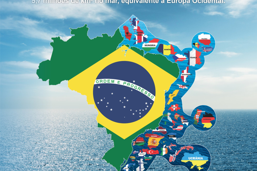 No mapa, a Marinha demonstra a imensidão da Amazônia Azul ao inserir todos os países da Europa Ocidental no território.(Foto: José Edilon Ribeiro dos Santos / Marinha do Brasil)