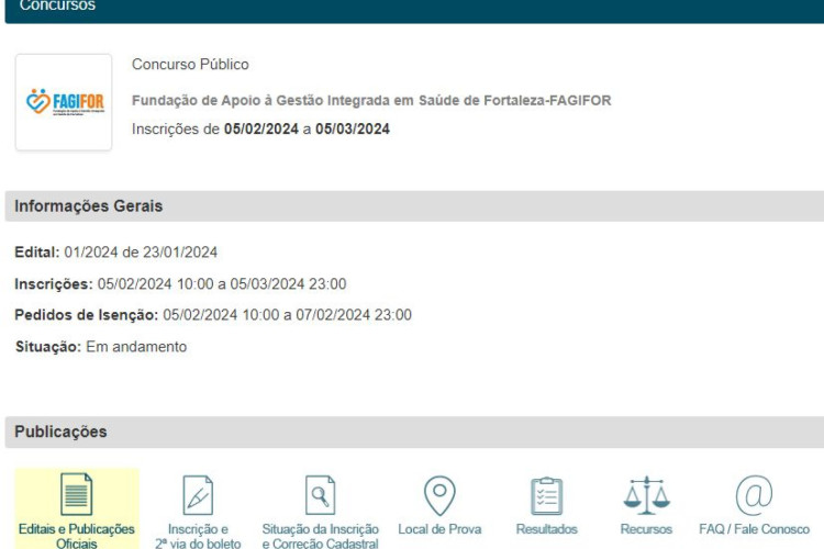 Em seguida, o candidato deve clicar em local de prova(Foto: Reprodução do site do IBFC)