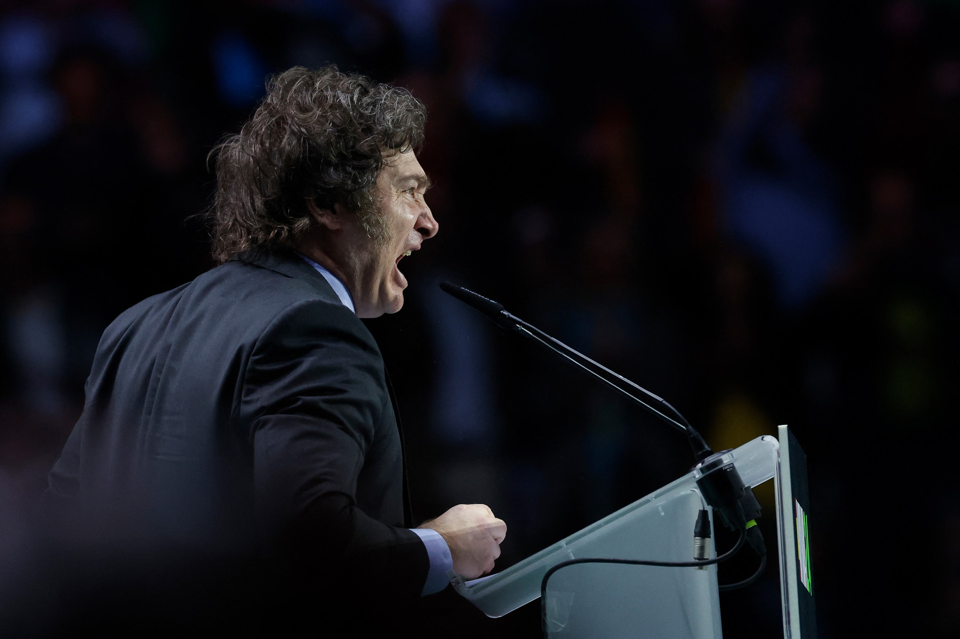 O presidente da Argentina, Javier Milei, faz um discurso no palco durante o comício 