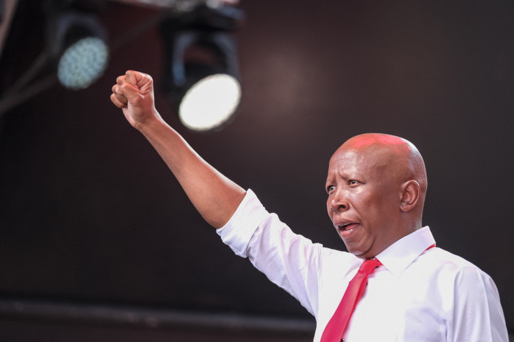 O líder dos Combatentes pela Liberdade Económica (EFF), Julius Malema, gesticula durante o comício de Tshela Thupa no Estádio New Peter Mokaba, em Polokwane, em 25 de maio de 2024(Foto: EMMANUEL CROSET / AFP)