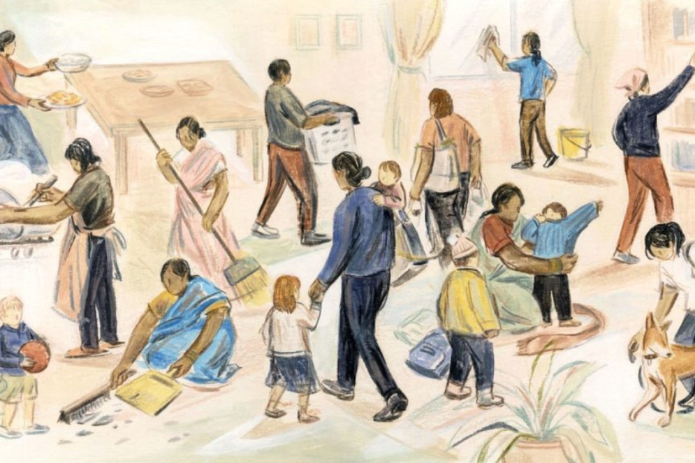 As mulheres estão por trás de um trabalho que, embora invisível para a sociedade, envolve muitas horas de tempo dedicado ao cuidado com pessoas(Foto: Ilustração de Sally Deng)