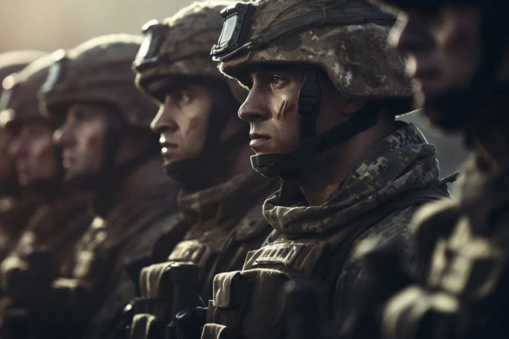 Imagem gerada por inteligência artificial que mostra soldados militares enfileirados(Foto: Midjourney 5.2 / Freepik)