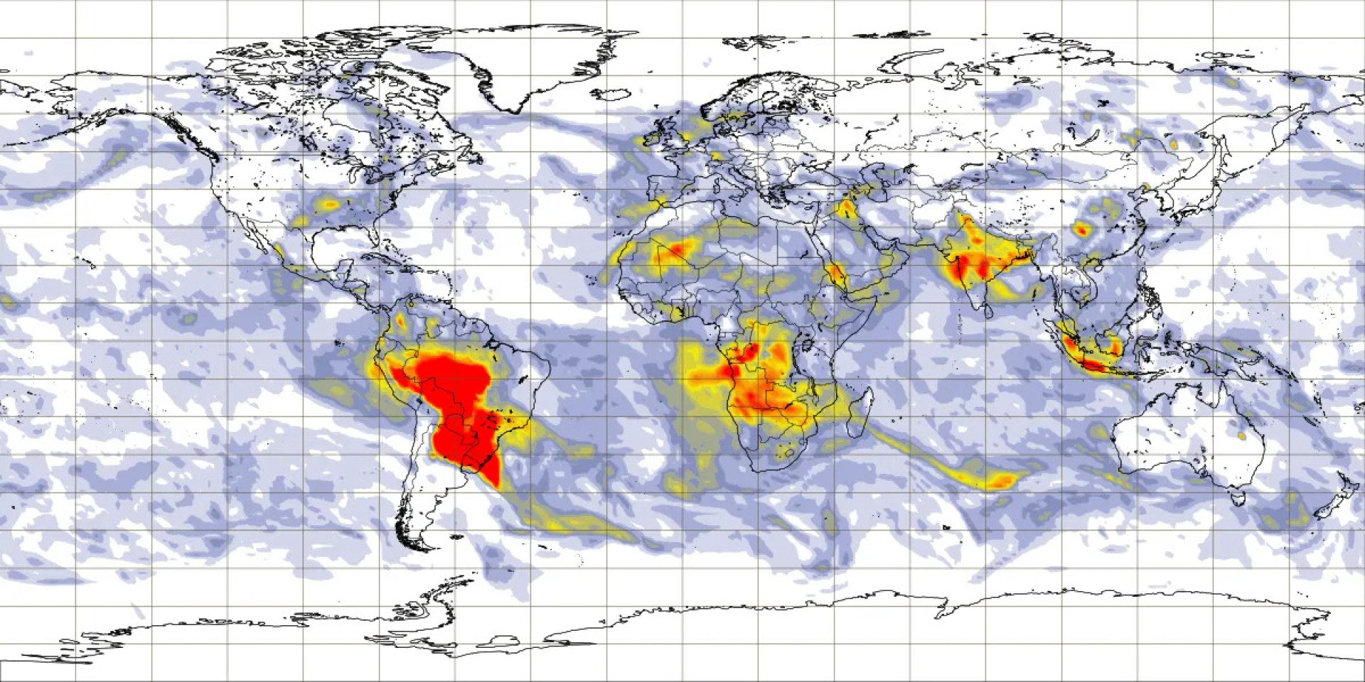 Fumaça transforma o Brasil em uma grande mancha vermelha em representação cartográfica de 22 a 23 de setembro(Foto: Copernicus Atmosphere Monitoring Service (Cams).)