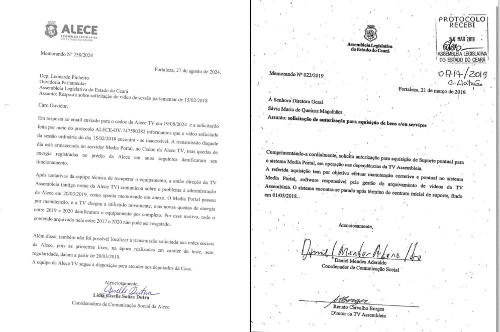 (1) Fac-símile de documento onde a Assembleia Legislativa do Ceará responde à solicitação do jornalista de O POVO, Lucas Barbosa. (2) Memorando da Alece explica problema no sistema de armazenamento das gravações de sessões plenárias(Foto: Fac-símile/Lei de Acesso à Informação)