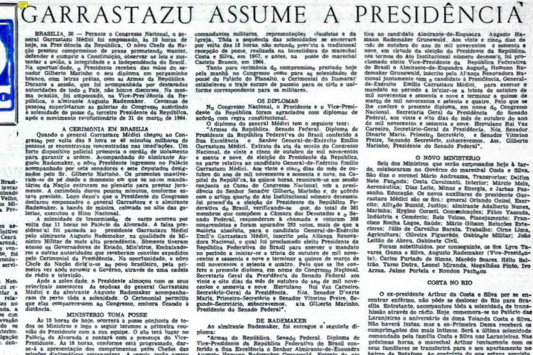 O general general Emílio Garrastazu Médici é eleito presidente do Brasil pelo Congresso Nacional, reaberto para a ocasião, iniciando o período mais duro da ditadura brasileira.(Foto: O POVO É HISTÓRIA)