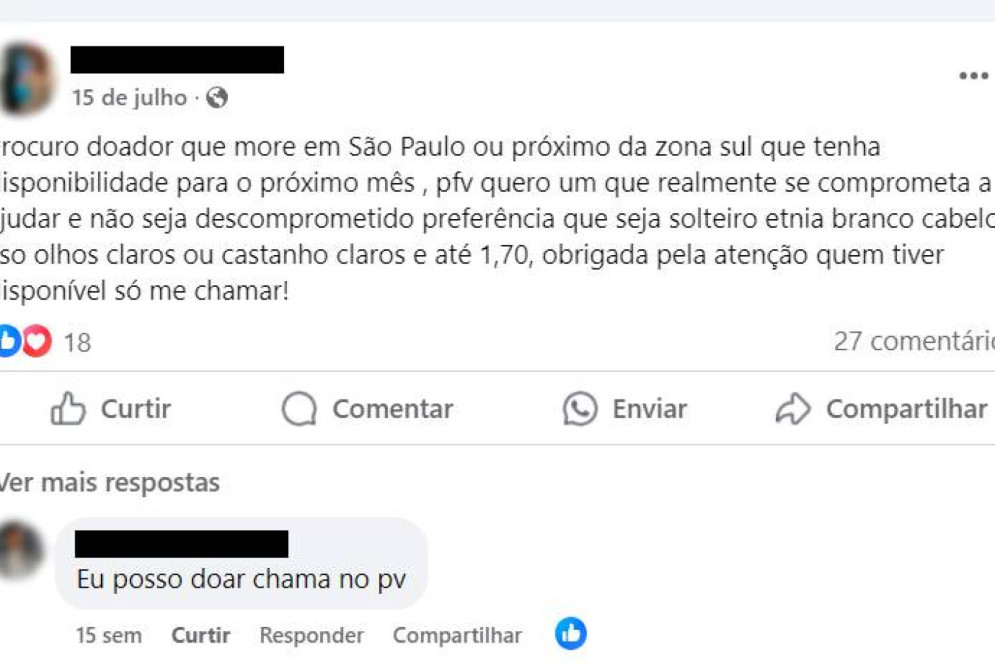 Anúncio de procura-se doador de esperma(Foto: Reprodução / Facebook)