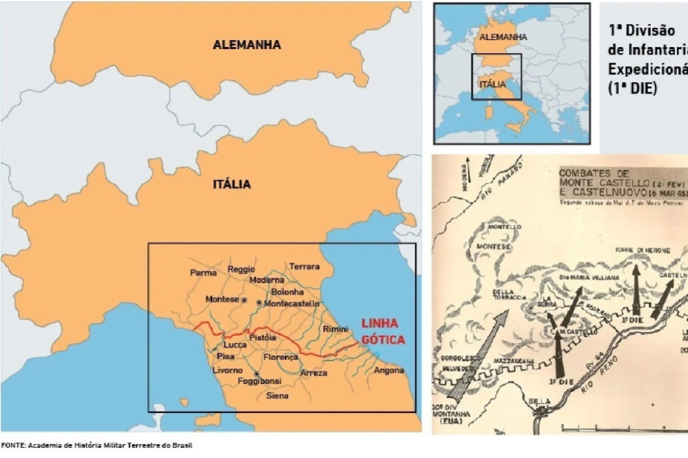 Campanha brasileira em Monte Castelo. Infomapa a partir de mapa da Academia de História Militar Terrestre do Brasil(Foto: Luciana Pimenta/O POVO )