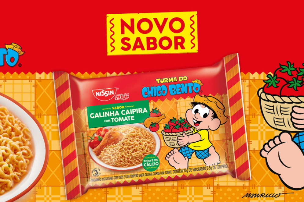Peça de divulgação do macarrão instantâneo Nissin sabor galinha caipira com participação do personagem Chico Bento, da Turma da Mônica(Foto: Reprodução/Nissin)