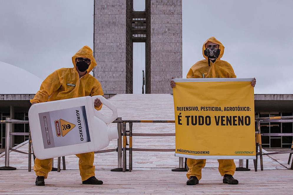 Ativistas do Greenpeace fazem protetos contra agrotóxicos em frente ao Congresso Nacional. "Pacote do veneno" é como é conhecida a lei Nº 14.785/2023, que flexibiliza as regras para o registro e uso de agrotóxicos no Brasil(Foto: Bárbara Cruz/Greenpeace)