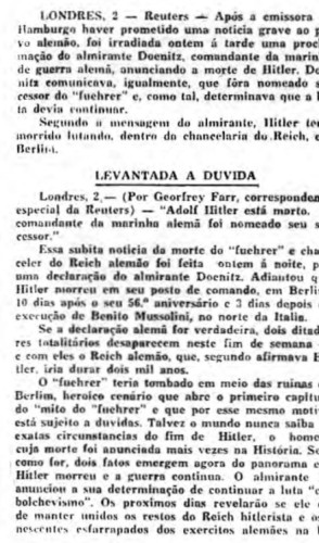 Recorte de matéria publicada no O POVO em 02/05/1945 sobre dúvidas acerca da morte de Adolf Hitler(Foto: OPOVODOC)