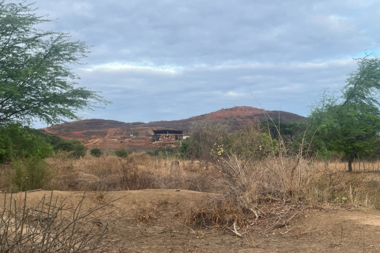 Para todos verem: imagem mostra uma vegetação de Caatinga com uma mineradora ao fundo, a Globest(Foto: Fabiana Melo/O POVO)