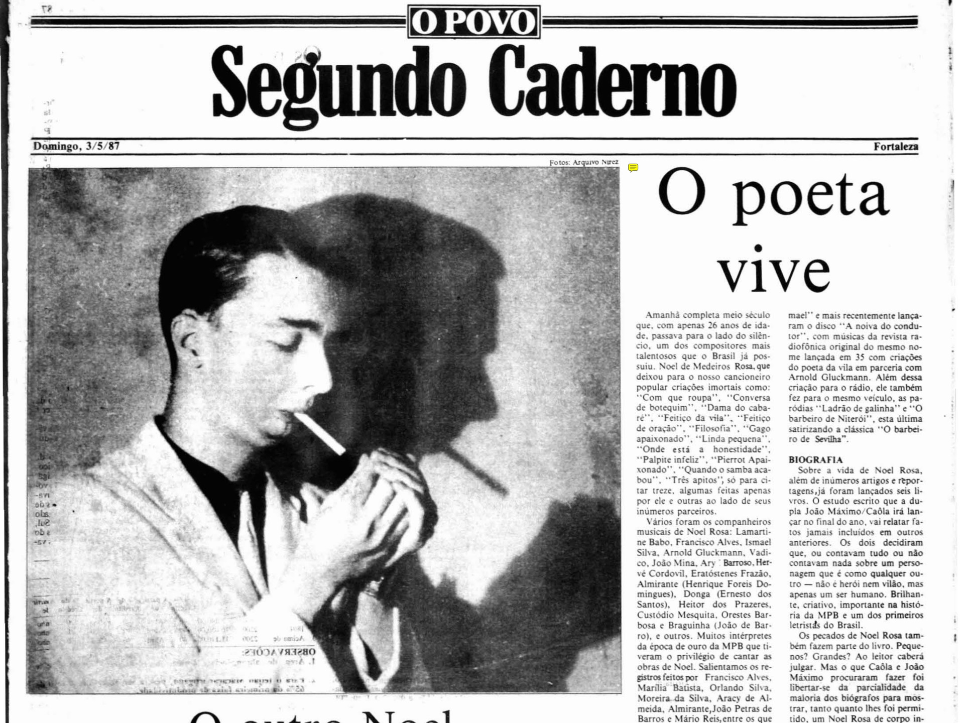 Há 88 anos morria Noel de Medeiros Rosa, no dia 4 de maio de 1937 (Foto: O POVO DOC)