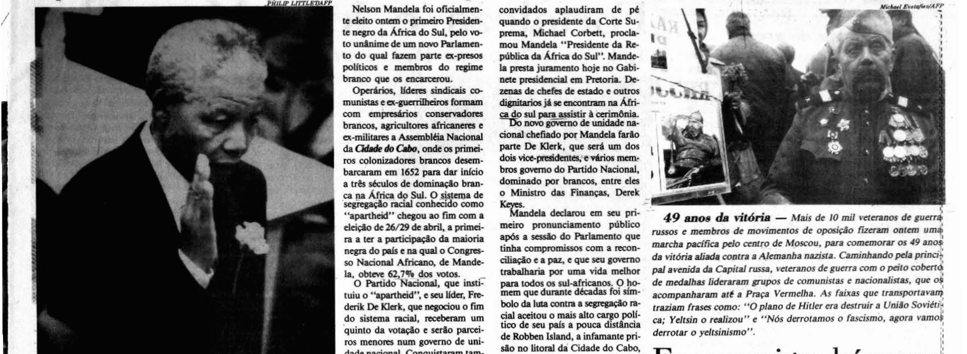 10 de Maio 1994 - Nelson Mandela assume a presidência da África Sul. É o primeiro negro da história a assumir o cargo do país.
 (Foto: O POVO É HISTÓRIA)