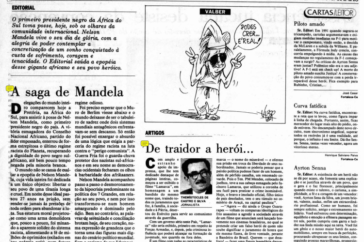10 de Maio 1994 - Nelson Mandela assume a presidência da África Sul. É o primeiro negro da história a assumir o cargo do país.(Foto: O POVO É HISTÓRIA)