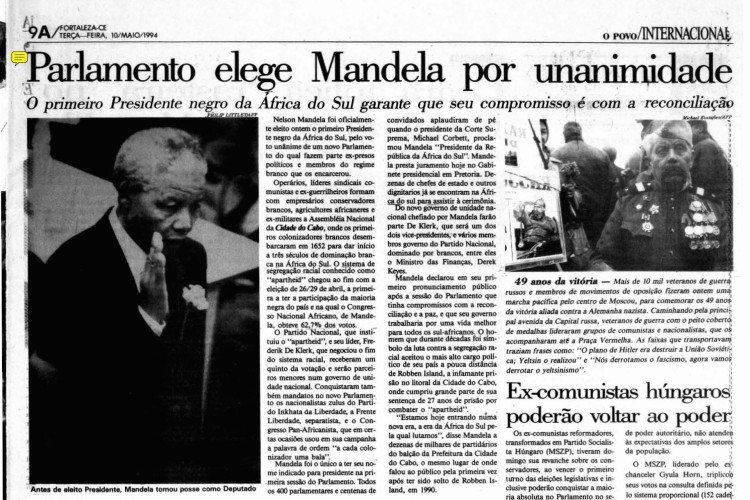 10 de Maio 1994 - Nelson Mandela assume a presidência da África Sul. É o primeiro negro da história a assumir o cargo do país. (Foto: O POVO É HISTÓRIA)