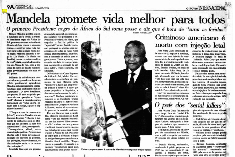 10 de Maio 1994 - Nelson Mandela assume a presidência da África Sul. É o primeiro negro da história a assumir o cargo do país.(Foto: O POVO É HISTÓRIA)