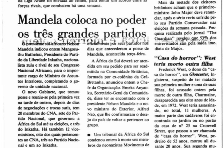 10 de Maio 1994 - Nelson Mandela assume a presidência da África Sul. É o primeiro negro da história a assumir o cargo do país.(Foto: O POVO É HISTÓRIA)