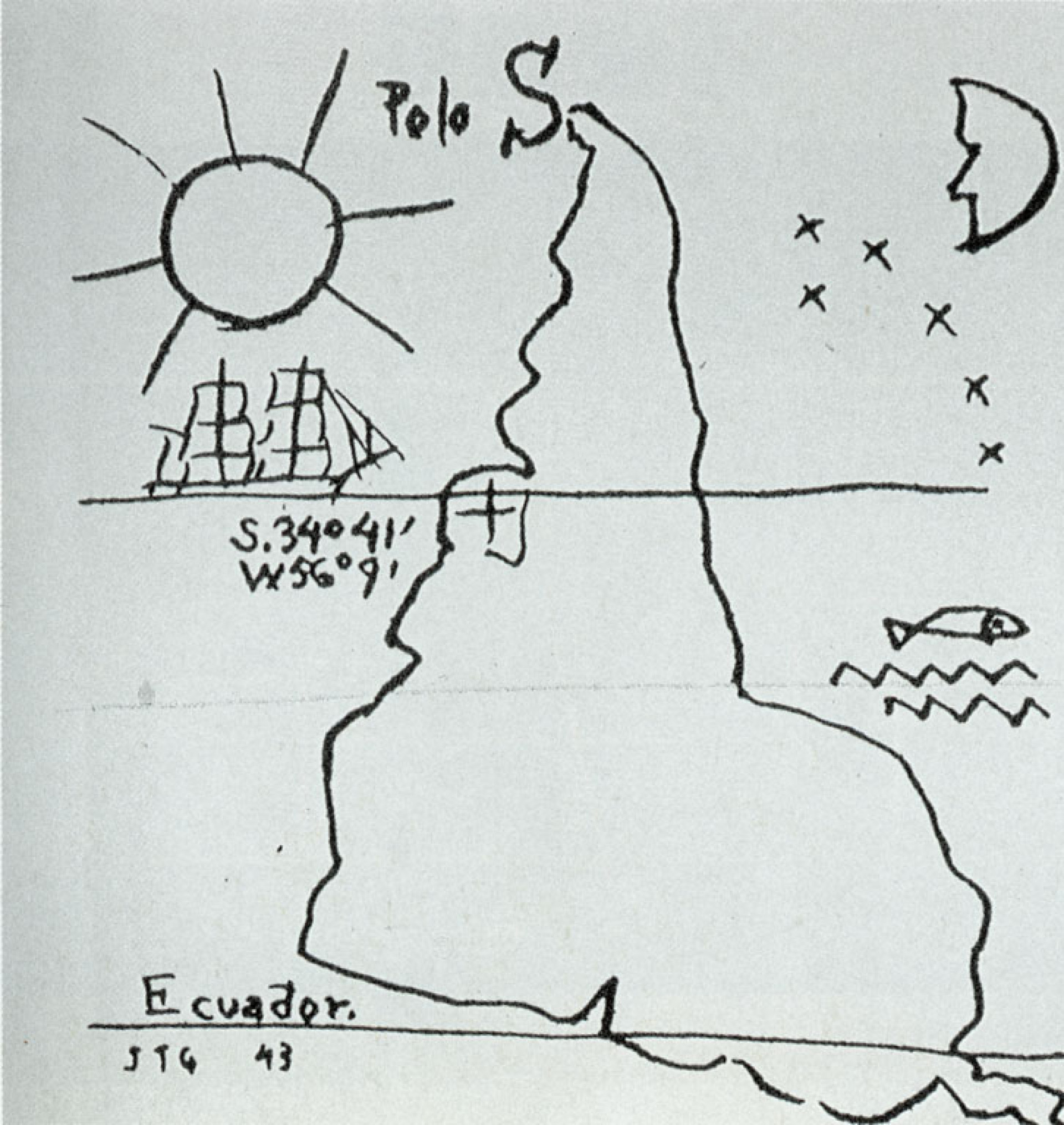 ParaTodosVerem: reprodução da obra América Invertida, na qual a América do Sul aparece "de cabeça para baixo" e a ponta da Argentina torna-se o topo do mundo. Do lado esquerdo, há o desenho do sol e, do direito, a lua. A linha do equador está na base da obra(Foto: Reprodução/Joaquín Torres García)