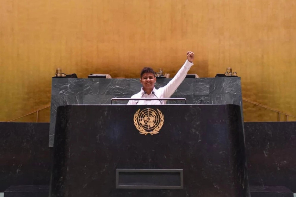 Felipe Caetano no salão da Assembleia Geral das Nações Unidas (AGNU)(Foto: Acervo Pessoal)