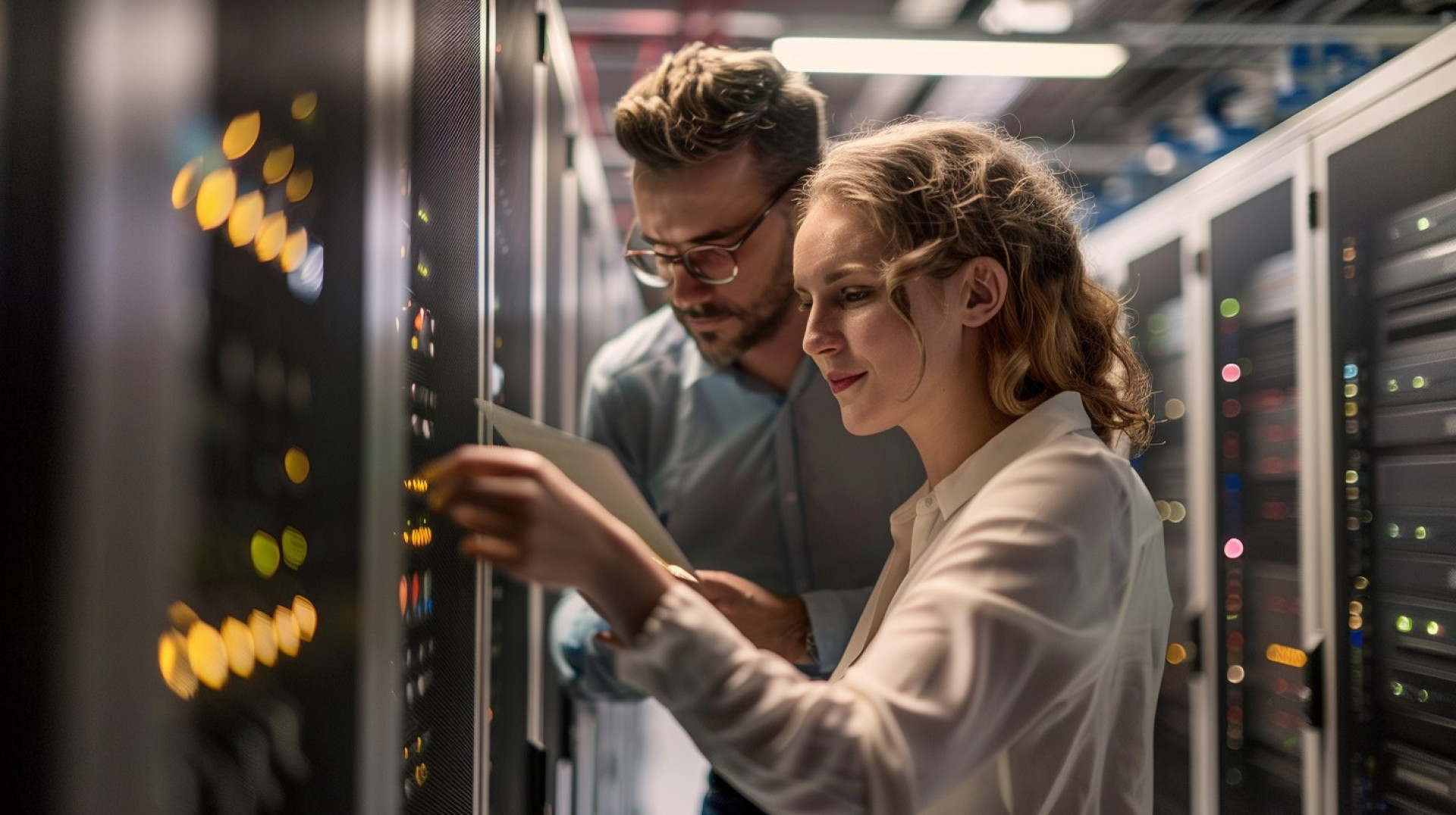  Datacenters, close-up, operating details, internet, people working, security, Photography, Shot on 70mm, Depth of Field, --ar 16:9 --v 6.0 (Foto: Imagem gerada por Inteligência Artificial (script próprio): Midjourney)