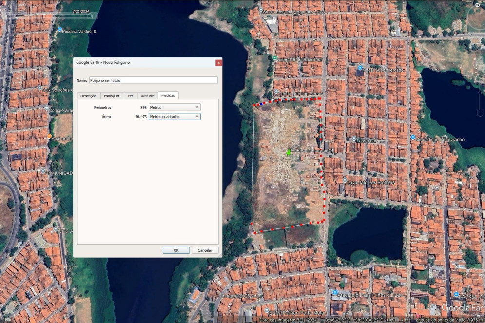 ParaTodosVerem: visão aérea do local do aterro no Jardim das Oliveiras. A imagem apresenta um quadro que indica 46 mil metros quadrados de áreea. Reprodução é de 2024(Foto: Reprodução/Google Maps)